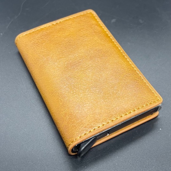 Slim Brown Yellow Men's Mini Pop Up RFID Leather Wallet Brand New - Picture 1 of 5